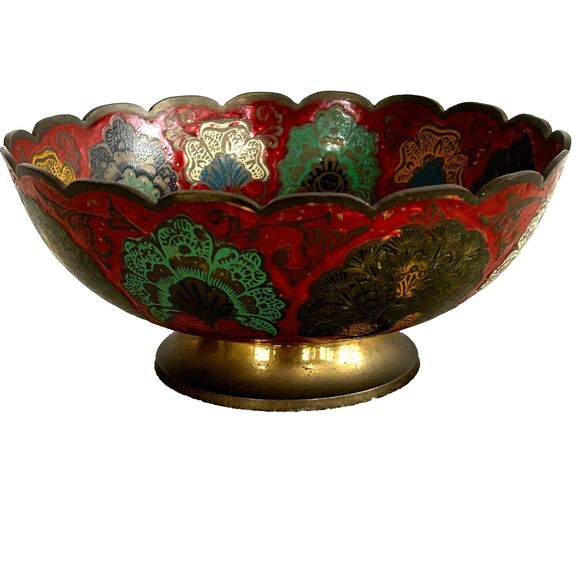 Other - Vintage Solid Brass Bowl Enameled Peacock Colorful Footed Made in India Scallop